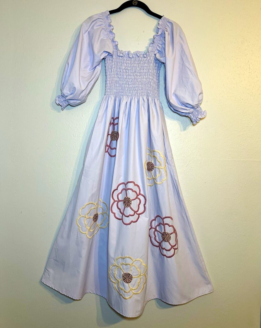 Mi Golondrina Mila Midi Dress Lavender embroidery Floral Smocked Square neck M